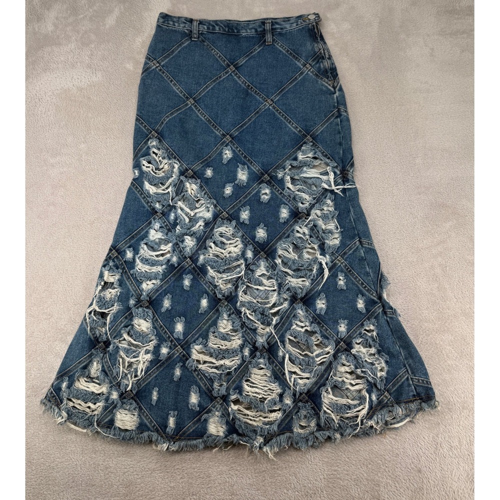 Vintage 90s Phase 7 Distressed Patchwork Denim Maxi Skirt Womens L Blue Raw Hem